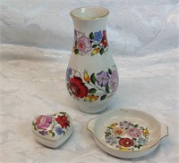 3 pieces of Kalocsa Hand-painted Porcelain
