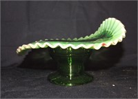 VINTAGE GREEN OPALESCENT RUFFLED DISH