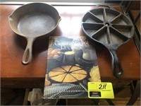 2 cast iron skillets and cookbook