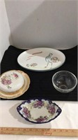Rooster platter, vintage glass bowl and serving