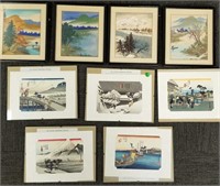 5 small Japanese woodblock prints and 4