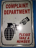 Tin sign Complaint Deoartment 11" x 8"