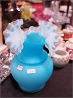 Contemporary turquoise and white cased 10" vase