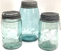 3pc Antique Ball Aqua Glass Mason Jars