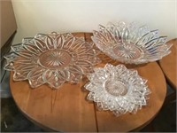 TWO FLOWER CLEAR DISHES, ONE IRRIDESCENT GLASS