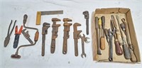Large machine shop lot; pipe wrenches, hand drill,