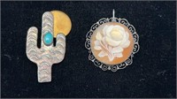 VTG STERLING SILVER CACTUS & CAMEO PINS