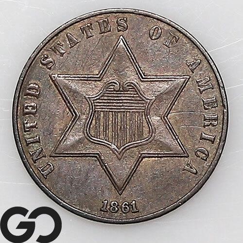 1861 Three Cent Silver, BU+ Bid: 340 ** CIVIL WAR!