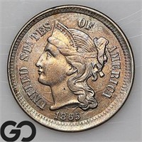 1865 Three Cent Nickel, Near Gem BU Bid: 235