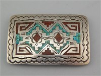 Native American Belt Buckle.Turquoise.Coral
