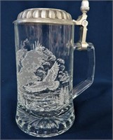 ETCHED CLEAR GLASS & PEWTER BEER STEIN*EAGLE