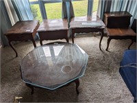 4 End Tables and 1 Coffee Table (Finish is worn, )