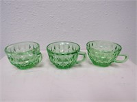 3 URANIUM GLASS JEANETTE CUBE GREEN CUPS NICE