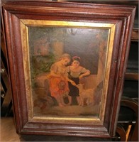print of girls with goat in a walnut frame10" x