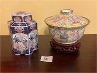 Asian Enamel Lidded Tea Bowl Dragons+Porcelain