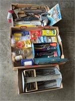 3 BOXES--MISC TOOLS--HACK SAW, STRING, BITS, ETC