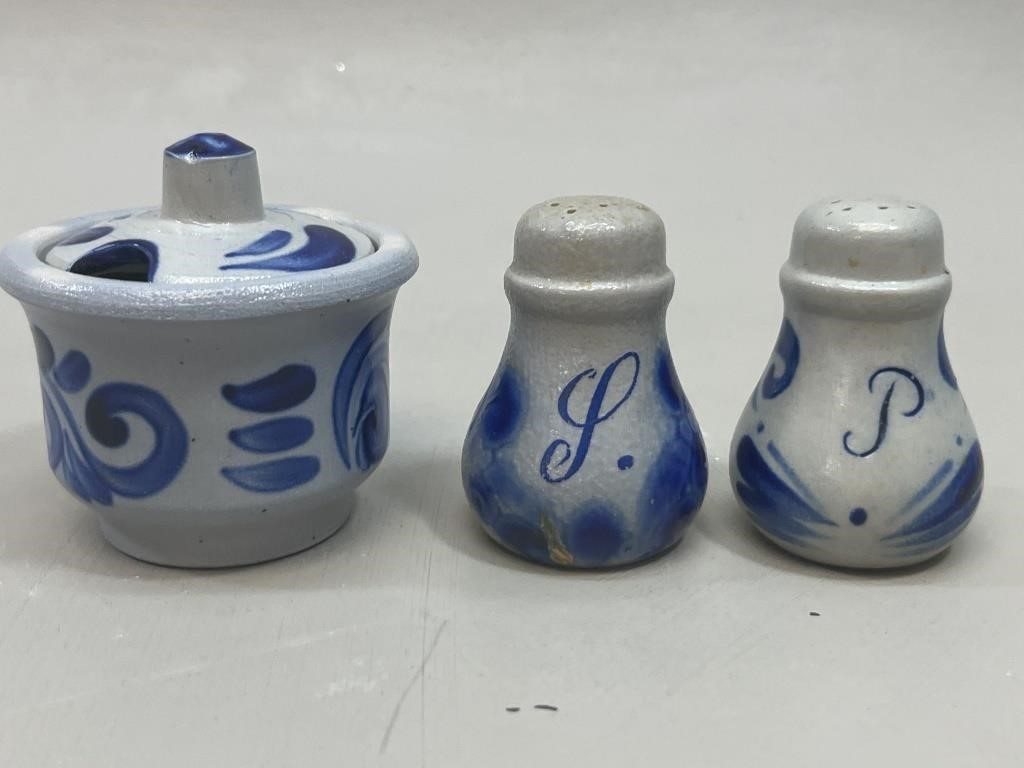 Salt, Pepper & Mustard Blue Pottery Containers VTG