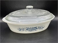 Vintage Glasbake Casserole 8 1/2”-Lid has damage