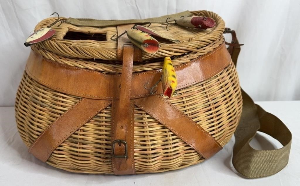 Vintage Fishing Creel Basket w/ Vintage Lures