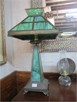 Green Slag Glass Arts & Crafts Style Table Lamp