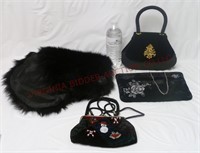 Faux Fur Wrap & Velvet Handbags / Clutches