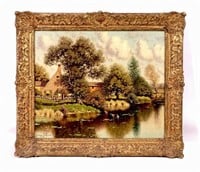 George W. Drew oil painting, House & Pond,