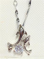 .925 Silver 16" Chain With Dolphins and CZ
