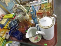 COLORED GLASS, PITCHERS, CLOCK