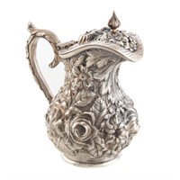 Rare Stieff "Rose" repousse sterling syrup pitcher