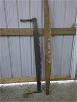 antique wood level and saw