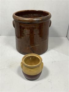Bean pot and double handled brownware crock