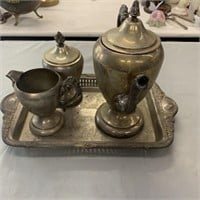 Antique Tray, Tea Pots, Canister, Pitcher Silver