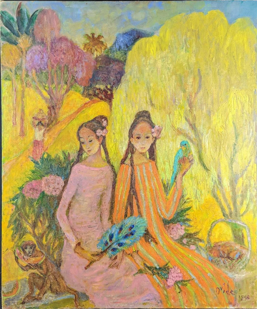 Original Acrylic On Canvas Ladies In Garden