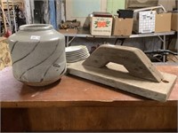 Pottery vase, wooden trowel