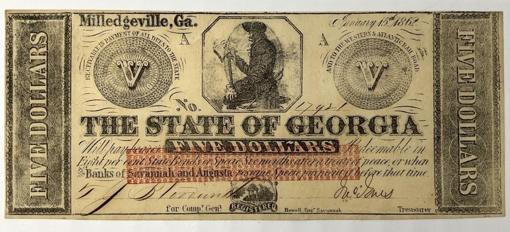 1862 State of GA $5 Confederate Note