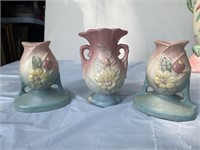 3 pc Hull Candlestick holders and vase
Has chips