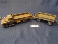 Toy tin army truck and wagon
