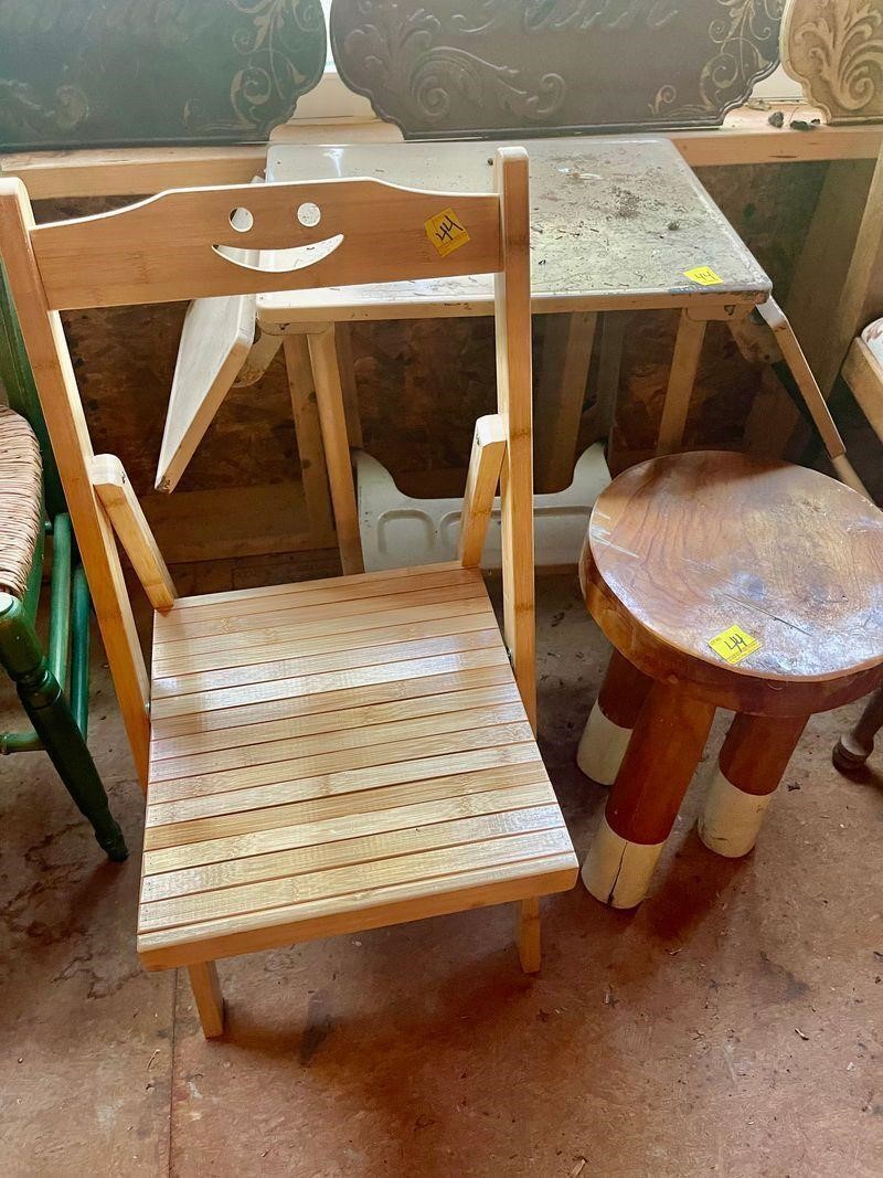 vintage typewriter table, folding chair, stool