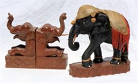 Wood Elephants Hand Carved Book Ends and Decorated