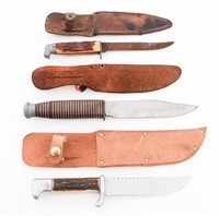 STAG HORN & LEATHER GRIPPED HUNTING KNIVES