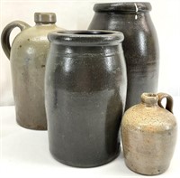 4 Antique Stoneware Pottery Crocks & Jugs