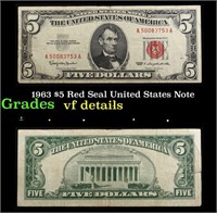 1963 $5 Red Seal United States Note Grades vf deta