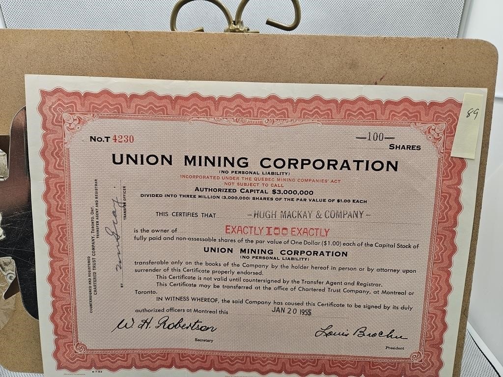 UNION MINING CORPORATION 100 SHARES CERT. 4230