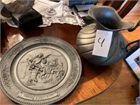 MEMORIAL PEWTER PLATE AND PITCHER