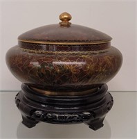Antique Chinese Cloisonne Bowl on wooden stand