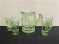 Green Depression Glass Water Pitcher & 4 Glasses