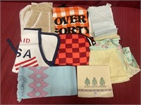 5 Aprons and  Hand Woven & Linen Towels, Napkins
