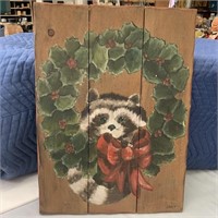 Hand Painted Picket Sign Racoon & Wreath