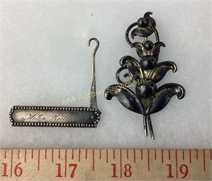 Sterling pin & Victorian button hook engraved