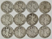 12 Walking Liberty Silver Half Dollars 1916-1919